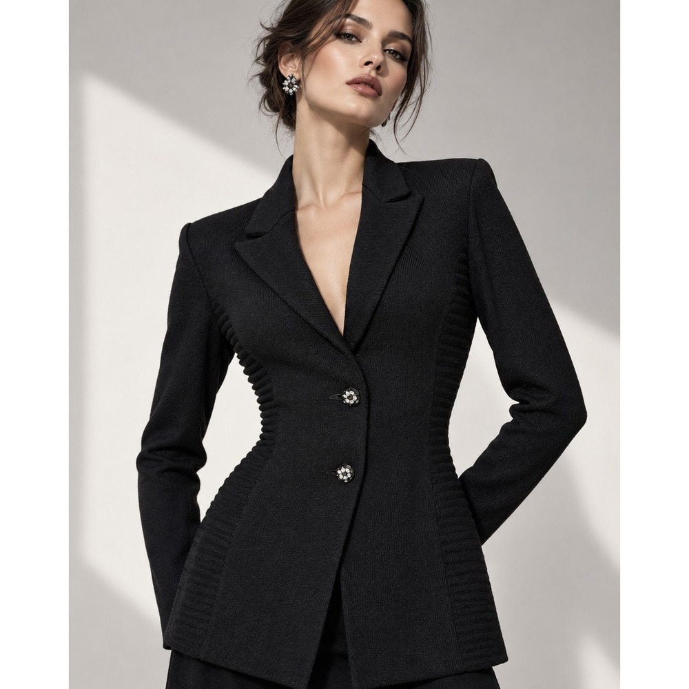 St John Evening Marie Gray Vintage Black Knit Blazer Jeweled Buttons Size 6 USA